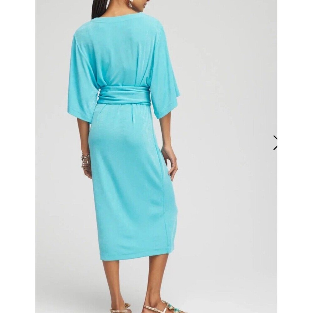 Chicos Travelers Kimono Sleeved VNeck Dress Acetate Spandex Turquoise Blue Large - Picture 2 of 12